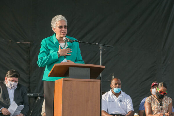 Toni Preckwinkle speaking at Victory's peace march